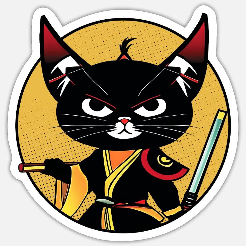 Chat noir ninja - Sticker taille S (10 x 10 cm) - blanc mat