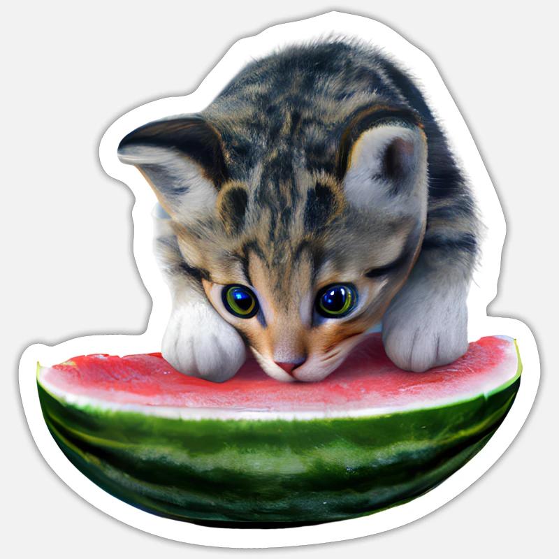Chat et pastèque - Sticker taille S (10 x 10 cm) - blanc mat