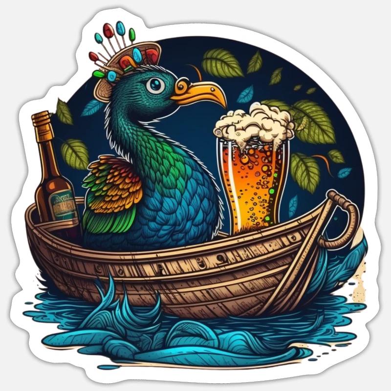 Pfau im Boot mit Bierglas - Sticker Größe S (10 x 10 cm) - Mattweiß