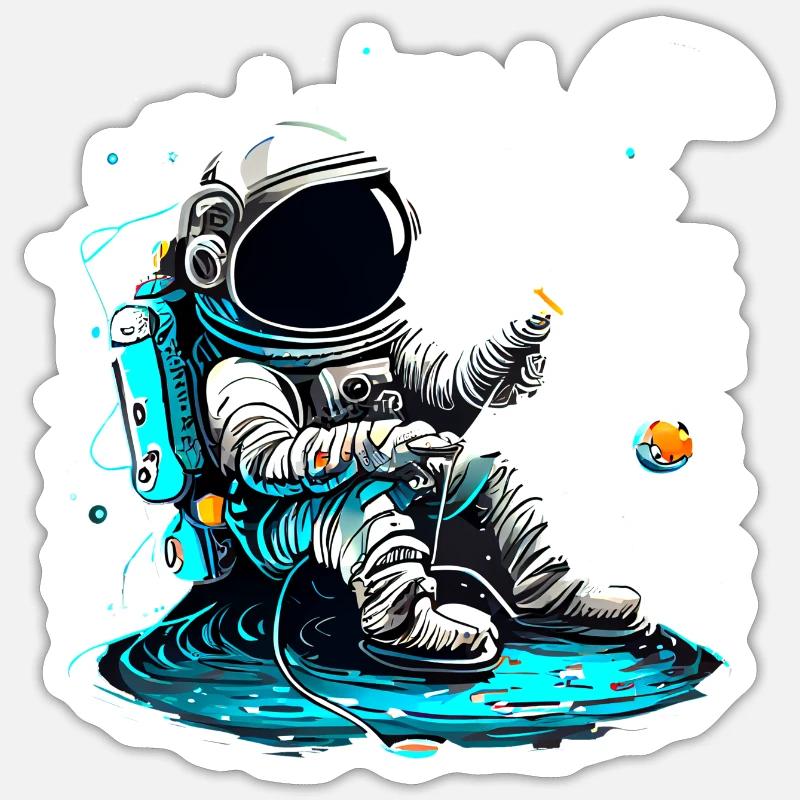 Astronaute à la pêche - Sticker taille S (10 x 10 cm) - blanc mat