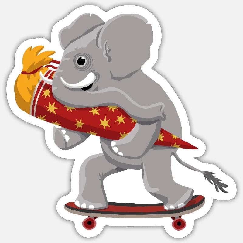 Eléphant avec planche à roulettes et cône d’école Sticker taille S (10 x 10 cm)