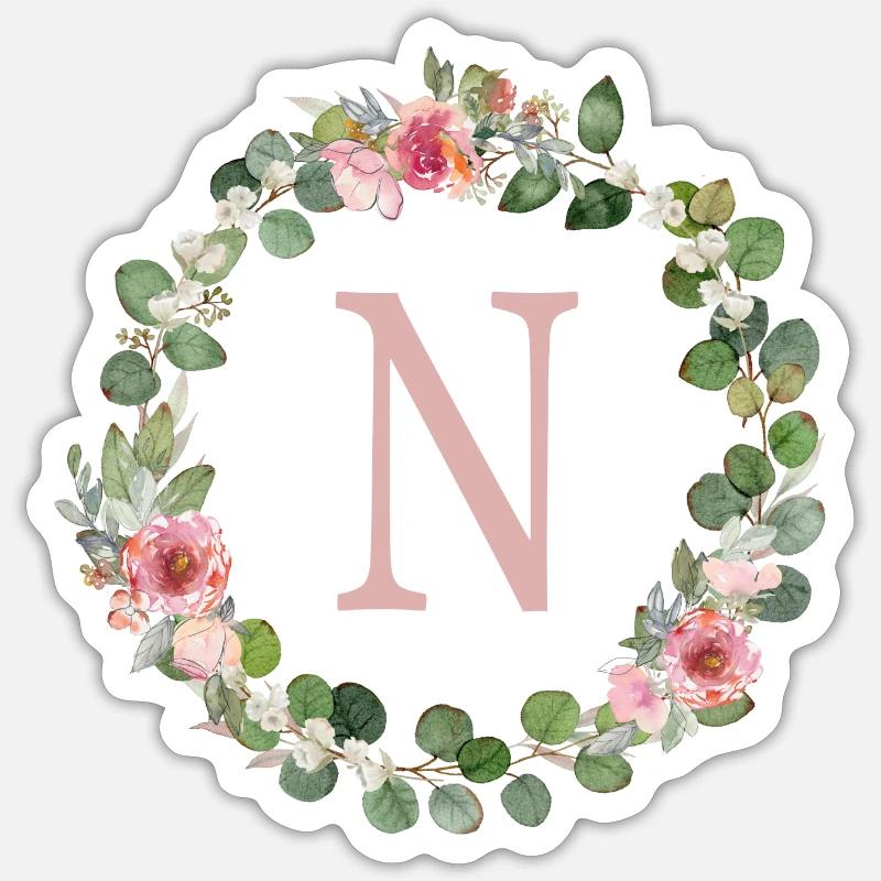 N Monogramm Eukalyptus-Rosen-Kranz - Sticker Größe S (10 x 10 cm) - Mattweiß