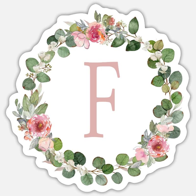 F Monogramm Eukalyptus-Rosen-Kranz - Sticker Größe S (10 x 10 cm) - Mattweiß