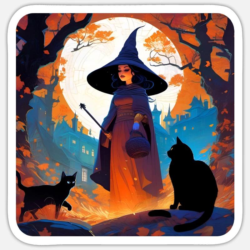 Witch at full moon with black cats Sticker size S (10 x 10 cm)