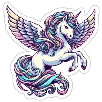 Angel Gliding : Licorne avec des ailes célestes - Sticker taille S (10 x 10 cm) - blanc mat - Devant