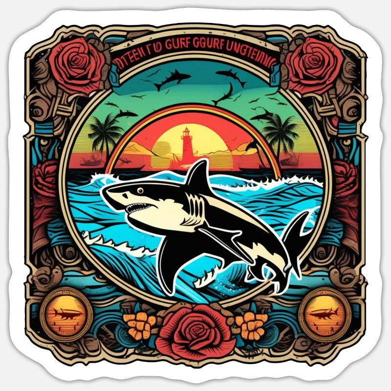 requin et coucher de soleil - Sticker taille S (10 x 10 cm) - blanc mat
