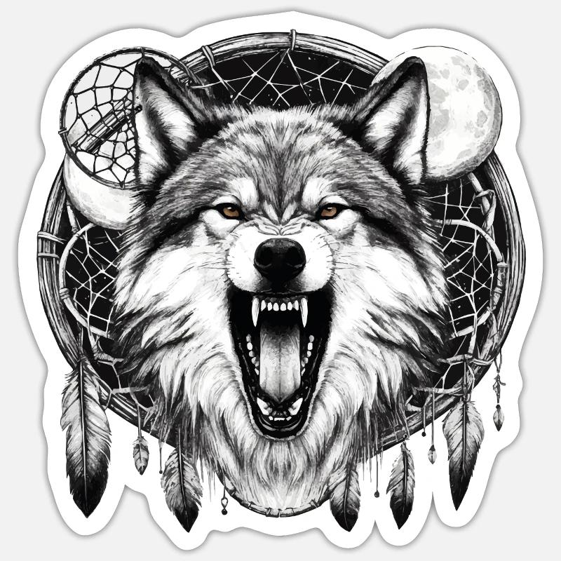 Wolf, moon, dream catcher. - Sticker size S (10 x 10 cm) - white matte