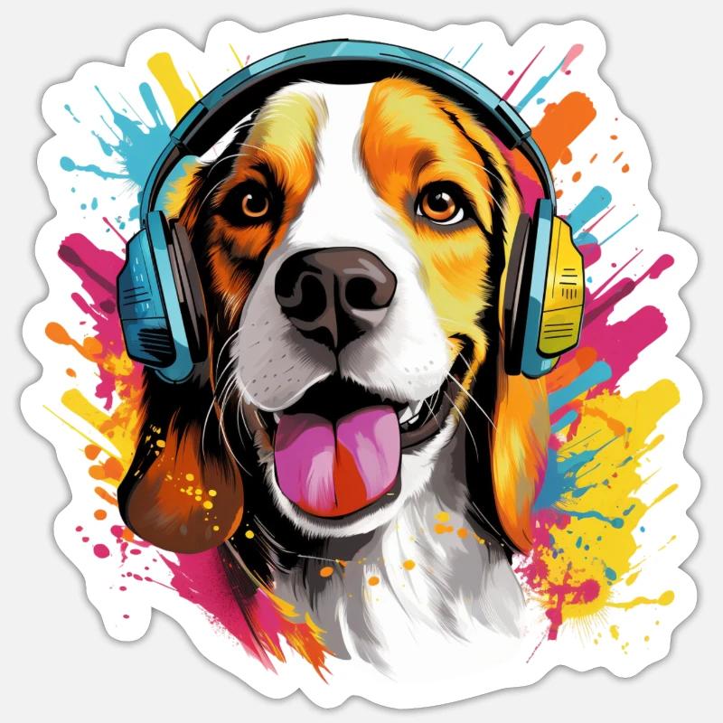 Bunter Beagle mit Kopfhörer Farbspritzer Sticker Größe S (10 x 10 cm)