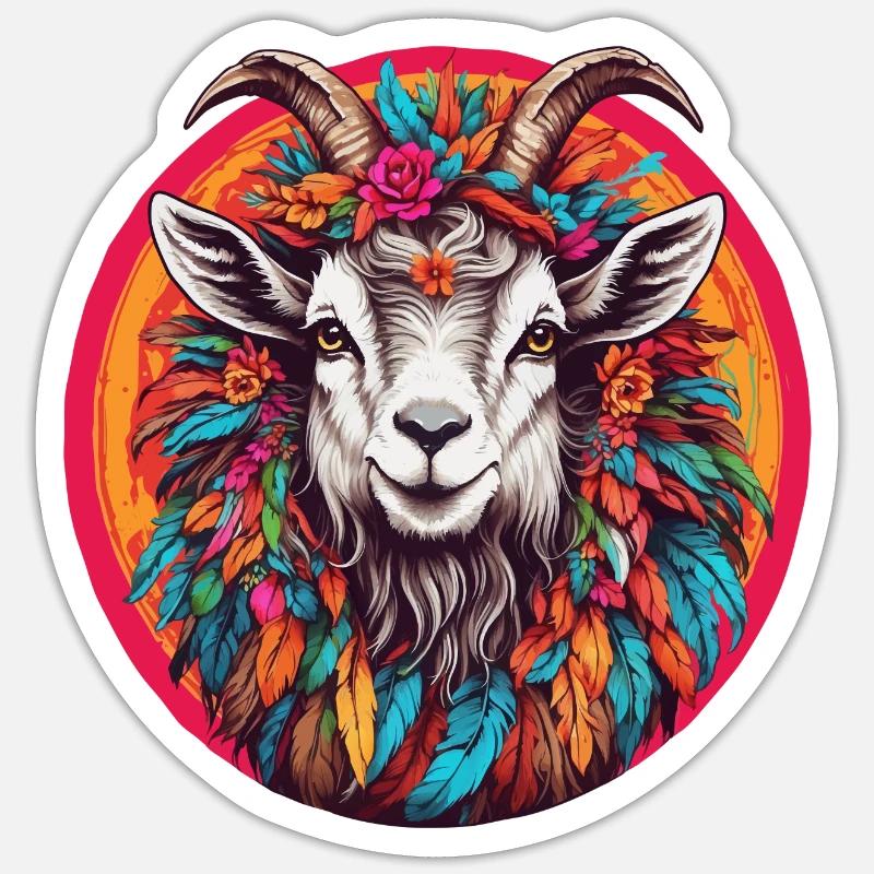 Chèvre Billy avec coiffe de plumes et fleurs Sticker taille S (10 x 10 cm)