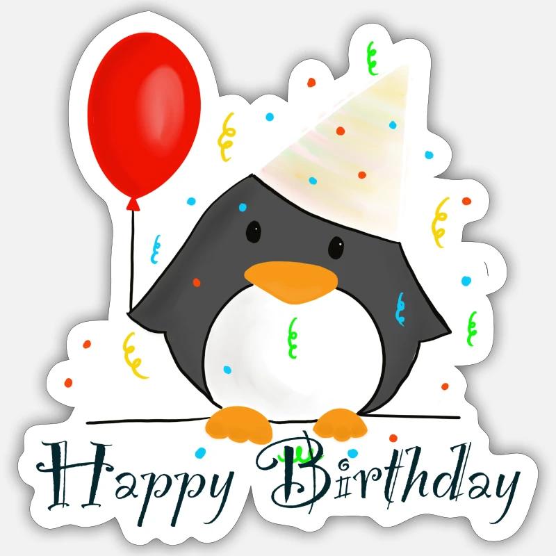 Pingouin « Joyeux anniversaire » - Sticker taille S (10 x 10 cm) - blanc mat