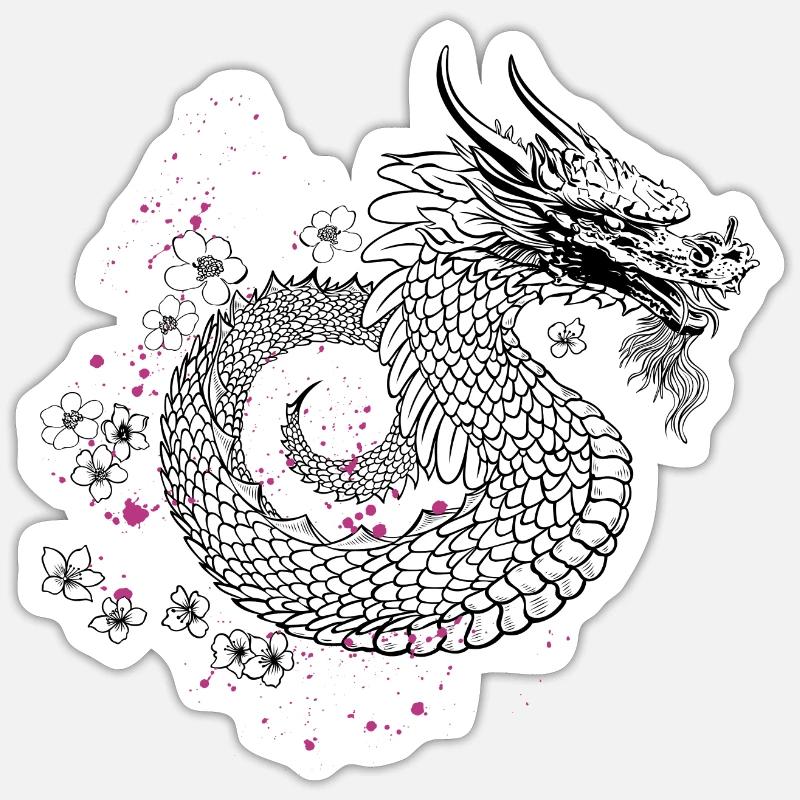Drache mit Kirschblüten Sakura Style - Sticker Größe S (10 x 10 cm) - Mattweiß
