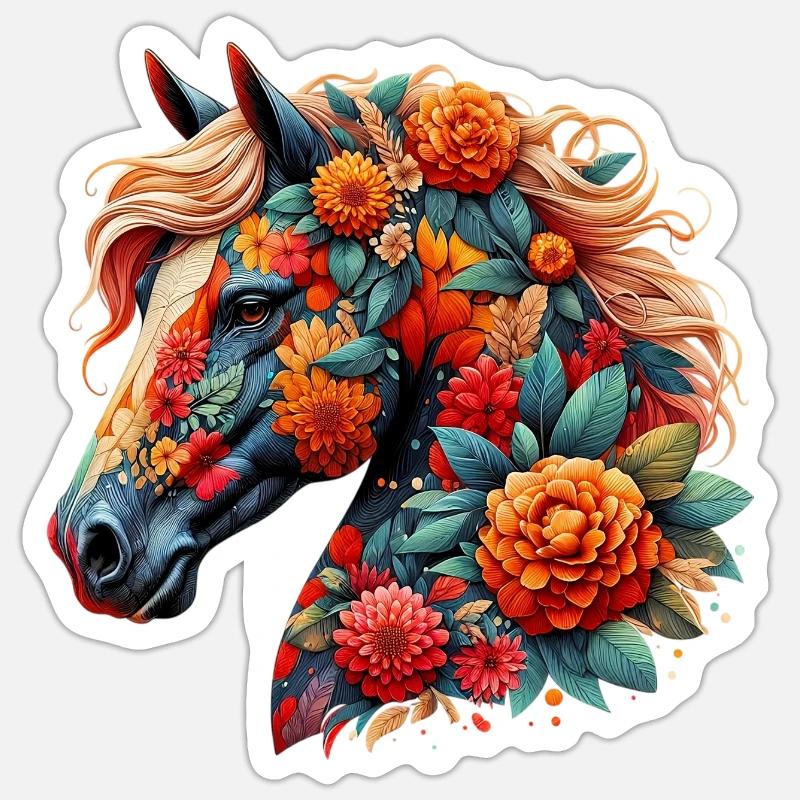 Cheval décoré de fleurs Sticker taille S (10 x 10 cm)