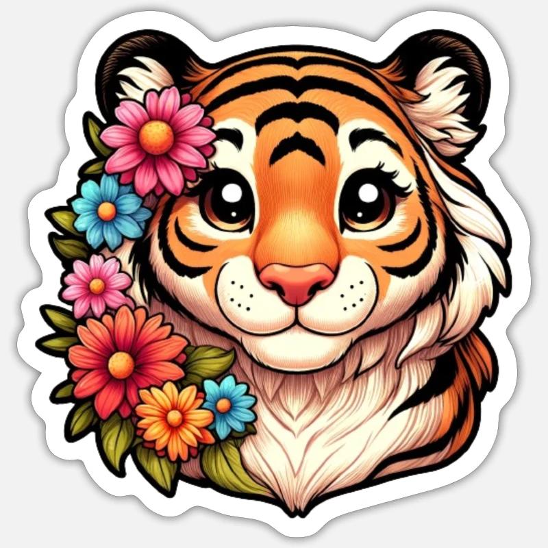 Tiger Weibchen mit Blumen - Sticker Größe S (10 x 10 cm) - Mattweiß
