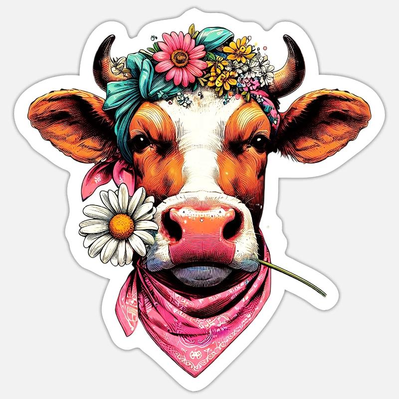 Kuh mit Blumen - Sticker Größe S (10 x 10 cm) - Mattweiß