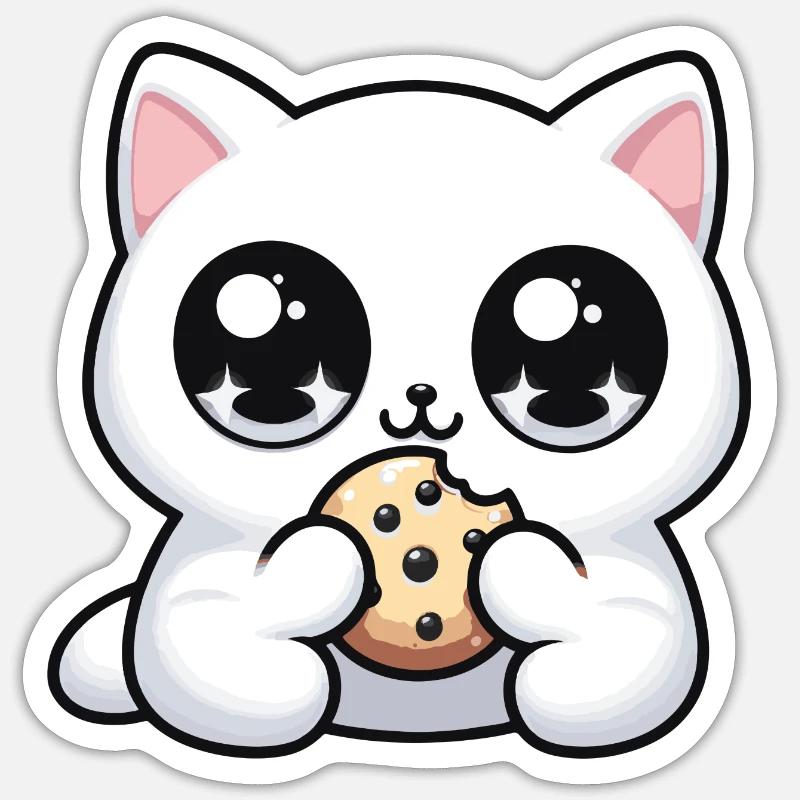 Chat kawaii mignon avec biscuit Cadeaux mignons Sticker taille S (10 x 10 cm)