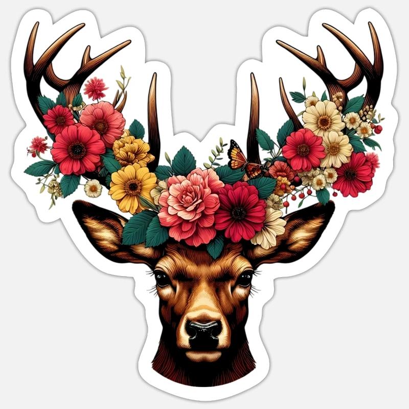 Cerf avec des fleurs - Sticker taille S (10 x 10 cm) - blanc mat
