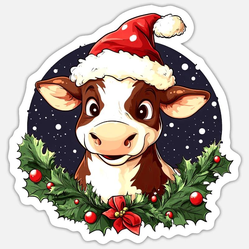 Vache Père Noël - Sticker taille S (10 x 10 cm) - blanc mat