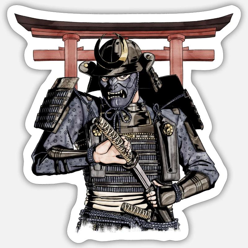 Blauer Samurai zieht sein Katana mit Torii aus der Scheide Sticker Größe S (10 x 10 cm)