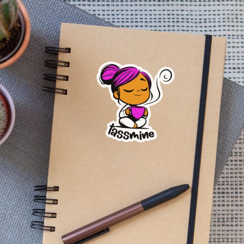 Tassmine enspannt mit einer Tasse Tee oder Kaffee Sticker Größe S (10 x 10 cm)