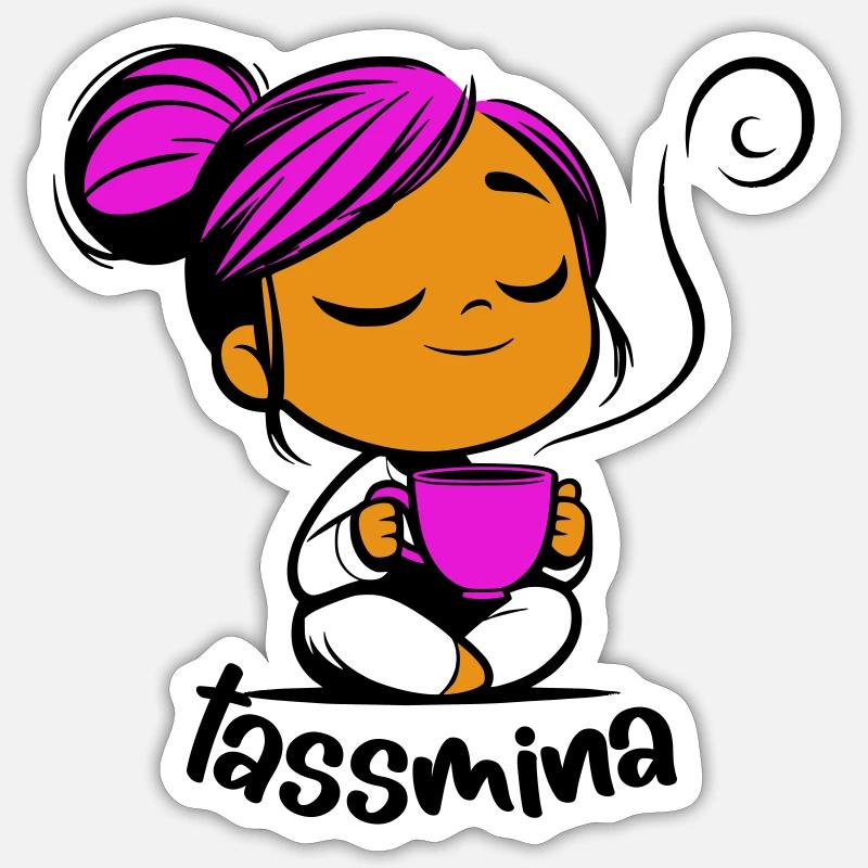 Tassmina enspannt mit einer Tasse Tee oder Kaffee Sticker Größe S (10 x 10 cm)