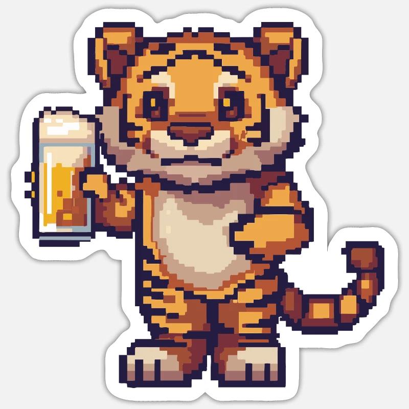 Tiger Pixel Bier - Sticker Größe S (10 x 10 cm) - Mattweiß