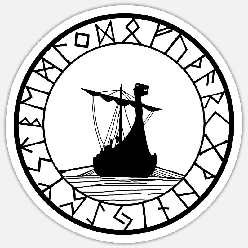 Schwarzes Wikinger-Langschiff und Kompass - Sticker Größe S (10 x 10 cm) - Mattweiß