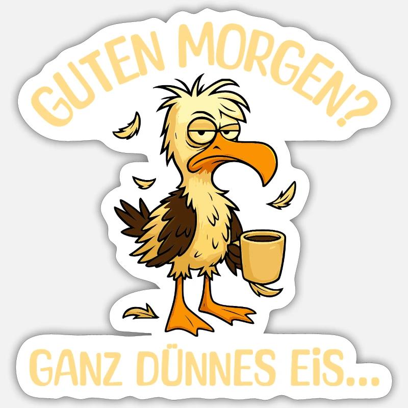 Morgenmuffel Möwe mit Kaffee - Sticker Größe S (10 x 10 cm) - Mattweiß
