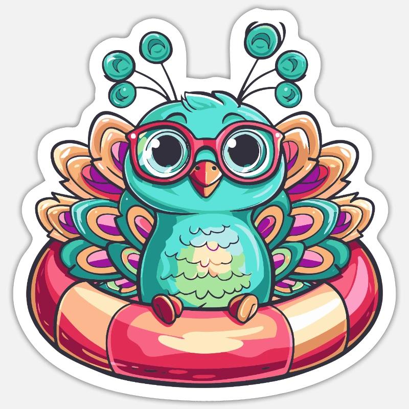 Oiseau Paon Bande Dessinée Cool Sticker taille S (10 x 10 cm)