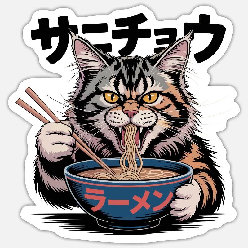 Chat Ramen affamé Chat Drôle Design - Sticker taille S (10 x 10 cm) - blanc mat
