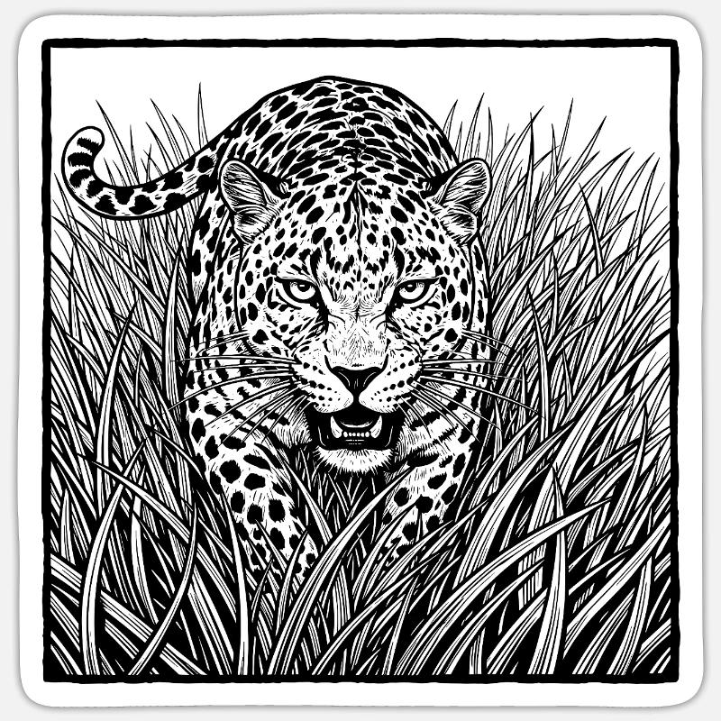 Léopard dans l’herbe - Sticker taille S (10 x 10 cm) - blanc mat