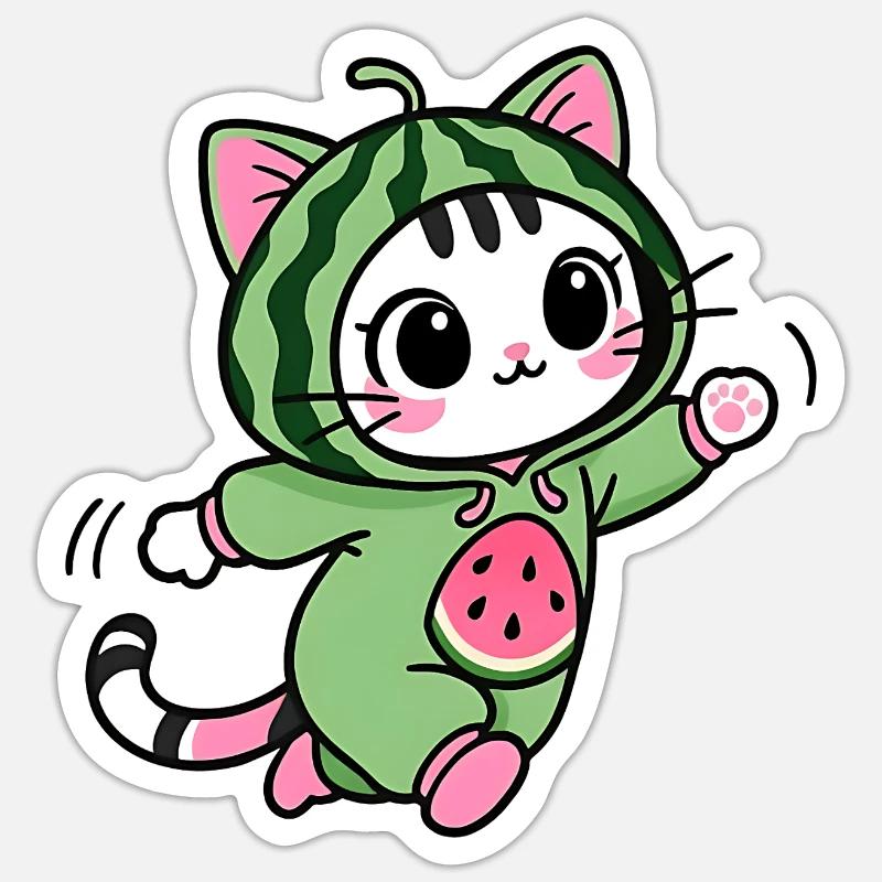Chat Mignon en Hoodie Pastèque - Sticker taille S (10 x 10 cm) - blanc mat