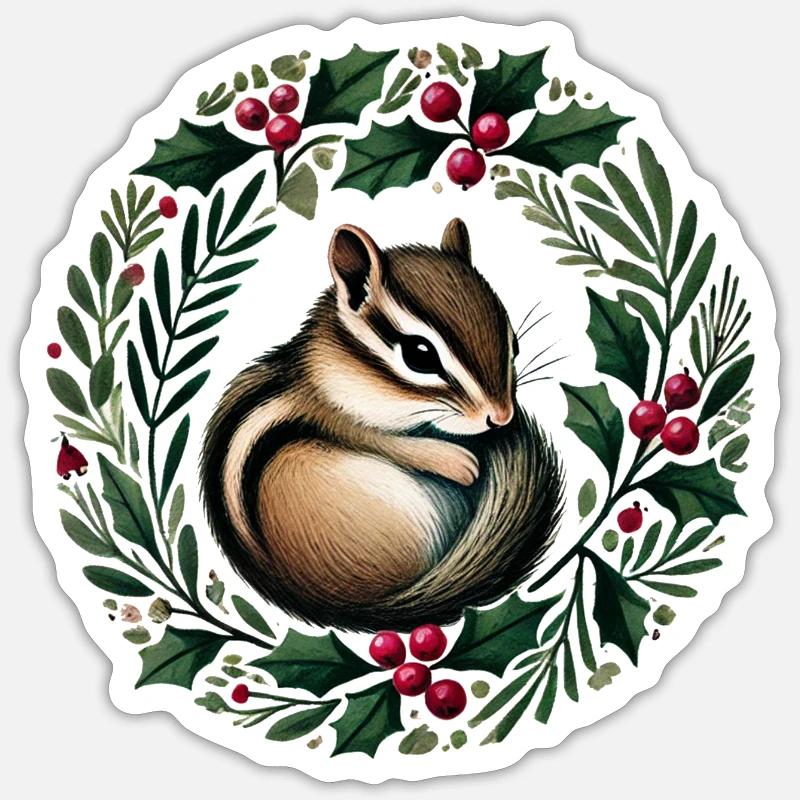 Holly Wreath Squirrel Charm - Sticker size S (10 x 10 cm) - white matte