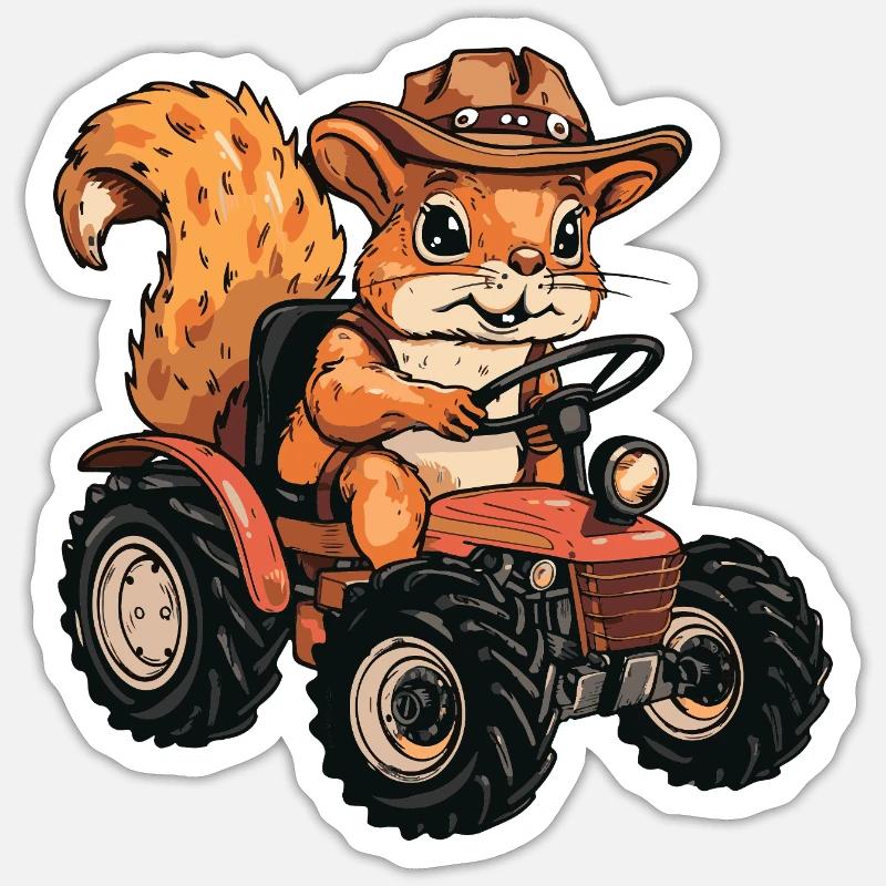 Eichhörnchen Traktor Farmer - Sticker Größe S (10 x 10 cm) - Mattweiß