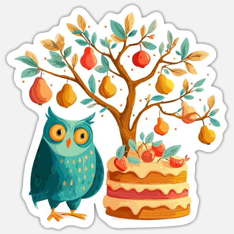 Fruit tree and owl cake - Sticker size S (10 x 10 cm) - white matte
