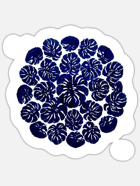 Monstera Kreisdesign – Dunkelblaues Pflanzenmuster - Sticker Größe S (10 x 10 cm) - Mattweiß