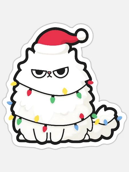Grimmige Weihnachtskatze mit Lichtern - Sticker Größe S (10 x 10 cm) - Mattweiß