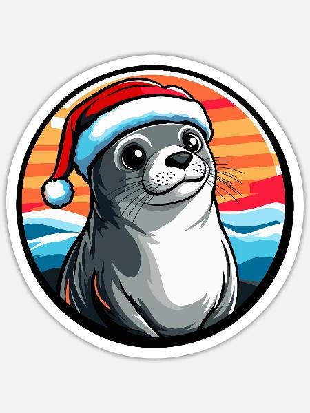 Seelöwe im Winter Santa Hut - Sticker Größe S (10 x 10 cm) - Mattweiß