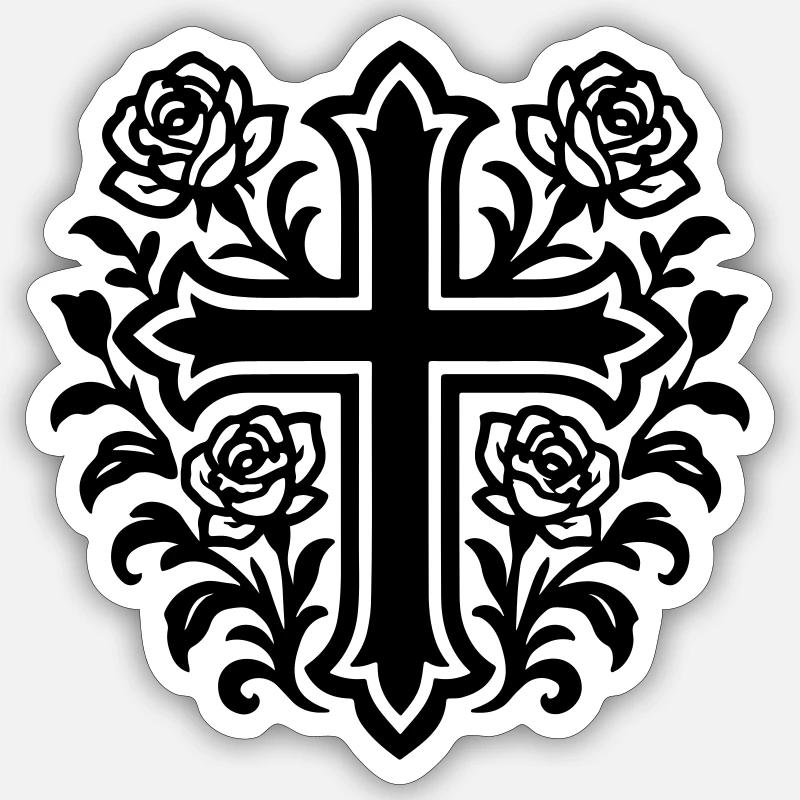 Roses à symbole de croix - Sticker taille S (10 x 10 cm) - blanc mat