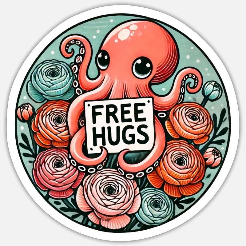Octopus Free Hugs Round Patch - Sticker size S (10 x 10 cm) - white matte