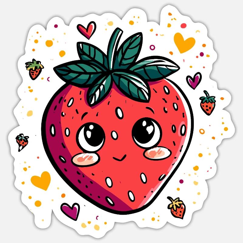Fraise Kawaii - Sticker taille S (10 x 10 cm) - blanc mat