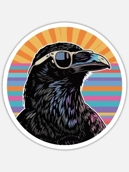 Raven mit Sonnenbrille Retro Vibe - Sticker Größe S (10 x 10 cm) - Mattweiß
