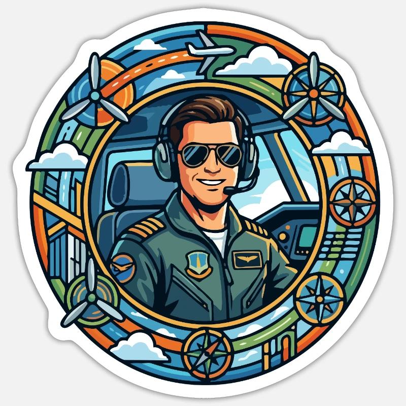 Comic-Pilot im Cockpit Rundflug - Sticker Größe S (10 x 10 cm) - Mattweiß