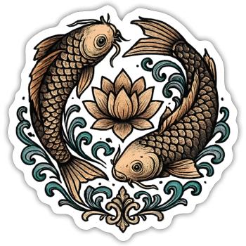 Koi und Lotus Kreis Harmonie Tattoo - Sticker Größe S (10 x 10 cm) - Mattweiß - Vorne