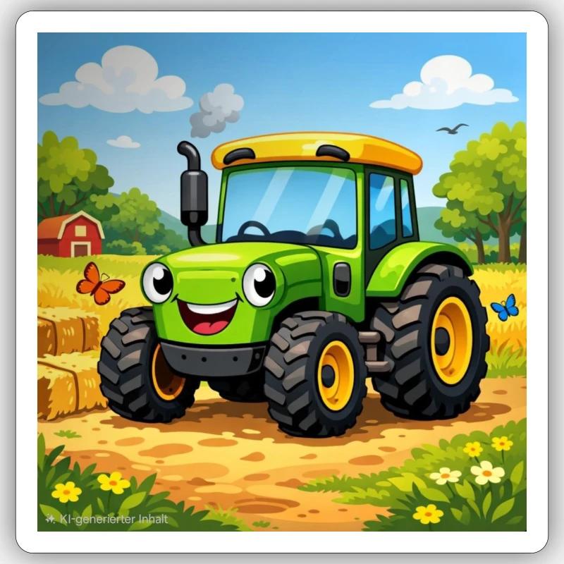 Fröhlicher Grüner Traktor auf Feld - Sticker Größe S (10 x 10 cm) - Mattweiß