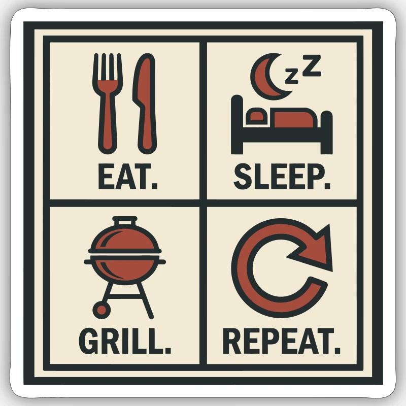 Manger Dormir Griller Recommencer Barbecue - Sticker taille S (10 x 10 cm) - blanc mat