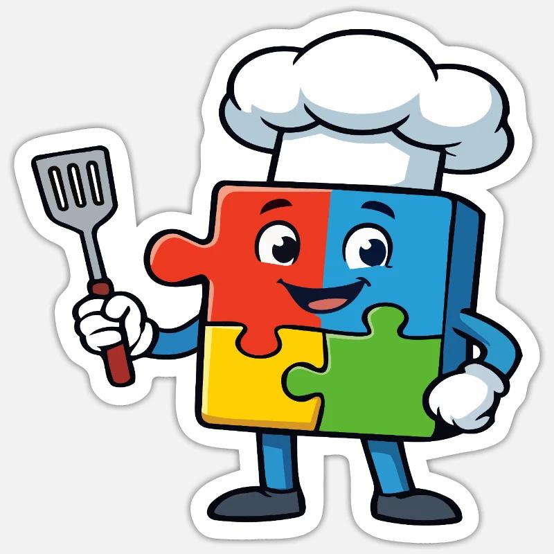 Puzzle Piece Chef Maskottchen - Sticker Größe S (10 x 10 cm) - Mattweiß