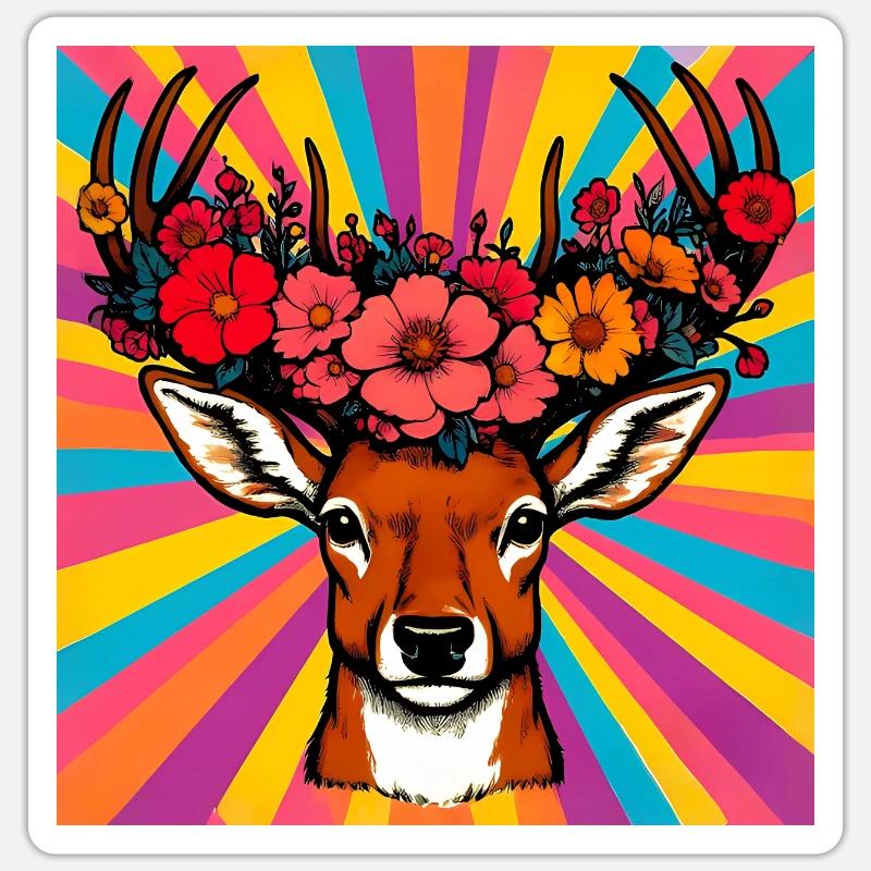 Hirsch mit Blumen - Sticker Größe S (10 x 10 cm) - Mattweiß