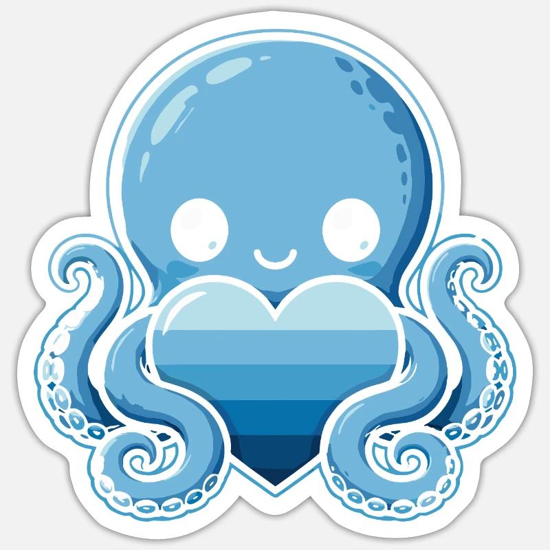 Blauer Herz-Octopus - Sticker Größe S (10 x 10 cm) - Mattweiß