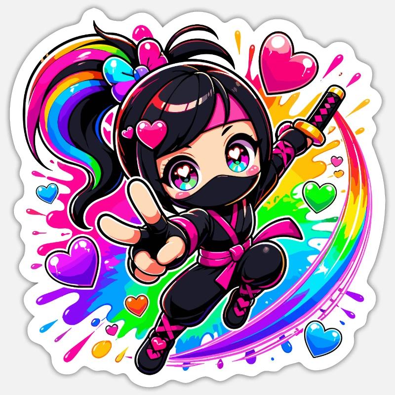Regenbogen Ninja mit Herzen - Sticker Größe S (10 x 10 cm) - Mattweiß