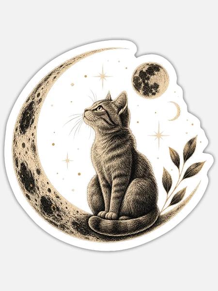 Mystische Katze auf Mondsichel mit Sternen - Sticker Größe S (10 x 10 cm) - Mattweiß